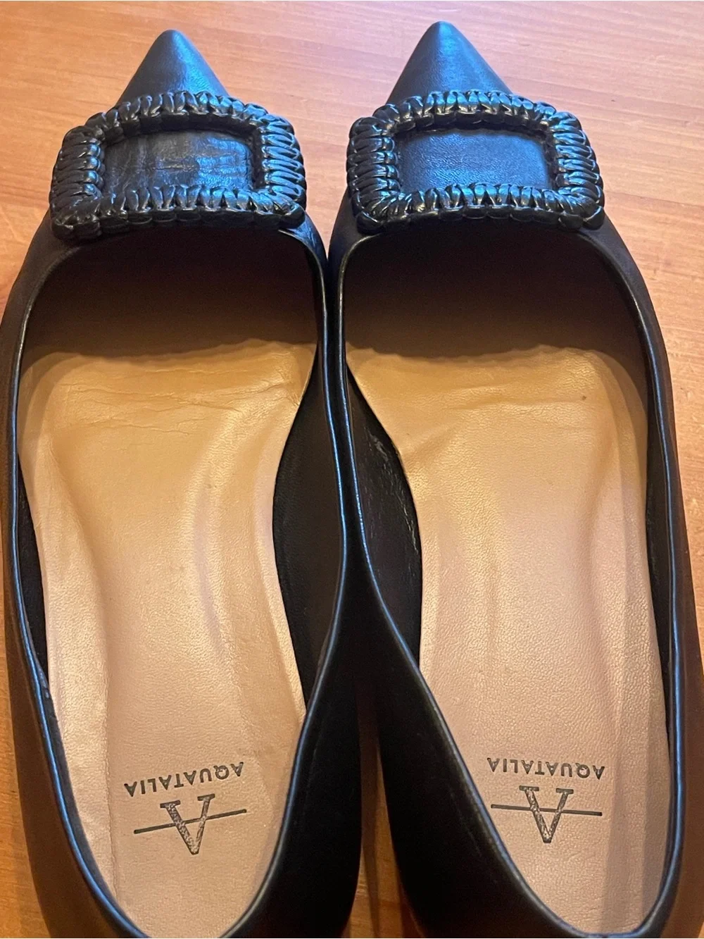 Aquatalia Jena Black Leather Pointed Toe Flats Shoes Buckle Accent Sz 8.5-9